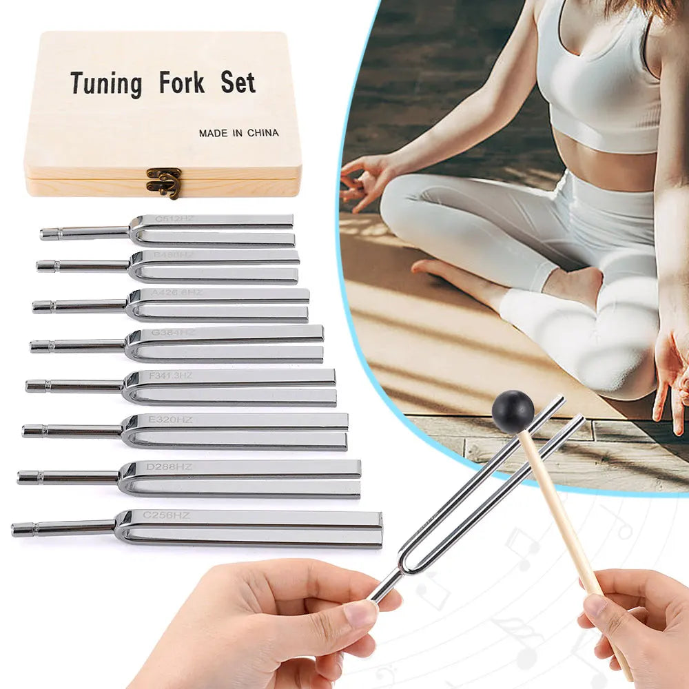 8-Piece Steel Tuning Fork Set (256–512Hz) – Precision Sound Therapy & Instrument Tuning Kit with Mallet and Wooden Box