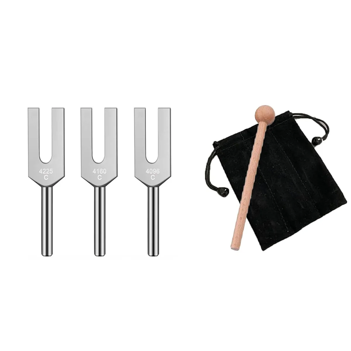 Angel Tuning Fork Set – 4096Hz, 4160Hz, 4225Hz | Includes Wooden Mallet & Soft Carry Bag