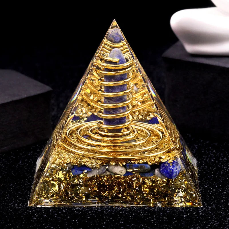 Peridot & Gold Sandstone Orgone Pyramid – Reiki Energy Generator (6cm)