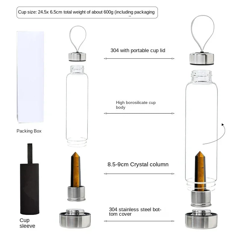 550ML Water Bottle Natural Crystal Stone Diamond Point Healing Obelisk Wand Elixir Quartz Crystal Gem Colors Water Bottle Home