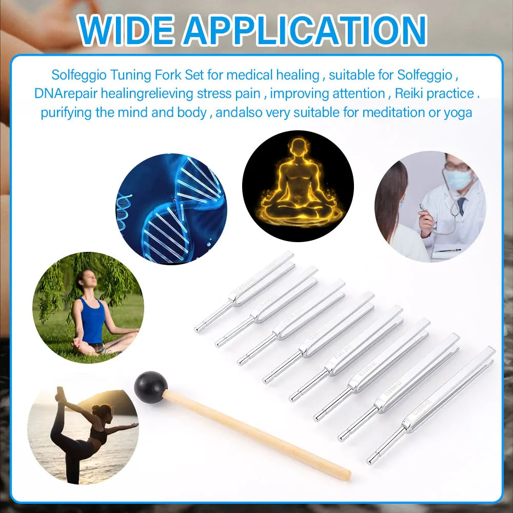 8-Piece Steel Tuning Fork Set (256–512Hz) – Precision Sound Therapy & Instrument Tuning Kit with Mallet and Wooden Box