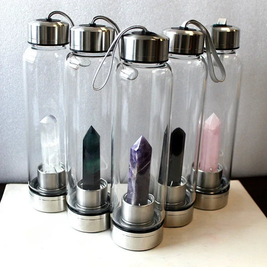 550ML Water Bottle Natural Crystal Stone Diamond Point Healing Obelisk Wand Elixir Quartz Crystal Gem Colors Water Bottle Home