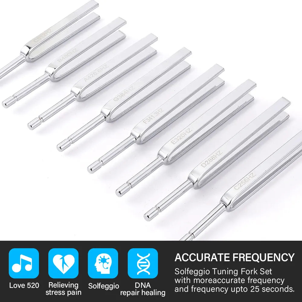 8-Piece Steel Tuning Fork Set (256–512Hz) – Precision Sound Therapy & Instrument Tuning Kit with Mallet and Wooden Box