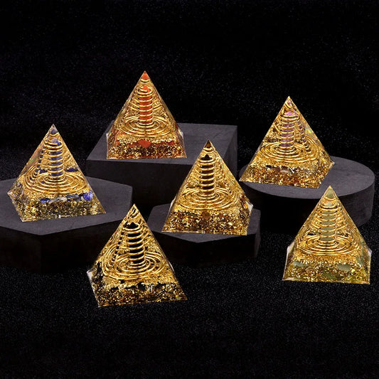 Peridot & Gold Sandstone Orgone Pyramid – Reiki Energy Generator (6cm)
