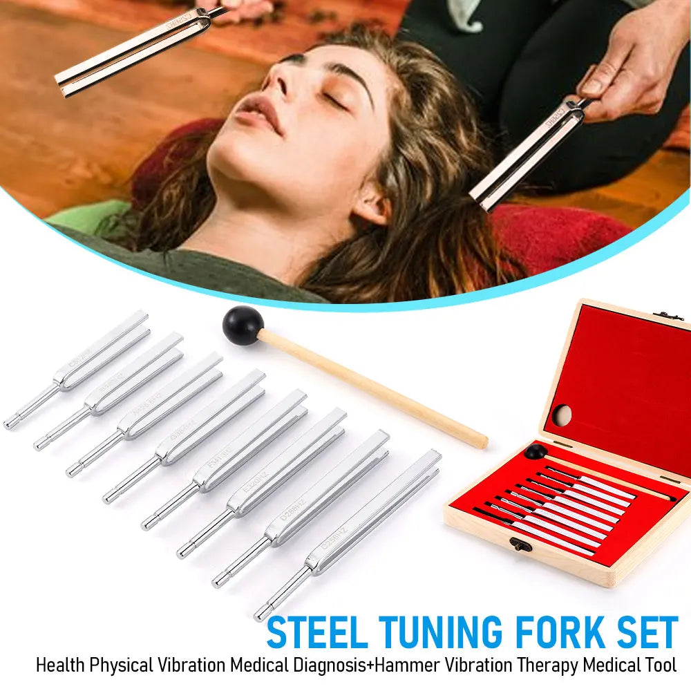 8-Piece Steel Tuning Fork Set (256–512Hz) – Precision Sound Therapy & Instrument Tuning Kit with Mallet and Wooden Box