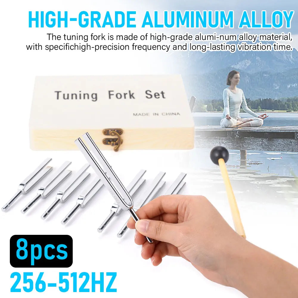 8-Piece Steel Tuning Fork Set (256–512Hz) – Precision Sound Therapy & Instrument Tuning Kit with Mallet and Wooden Box
