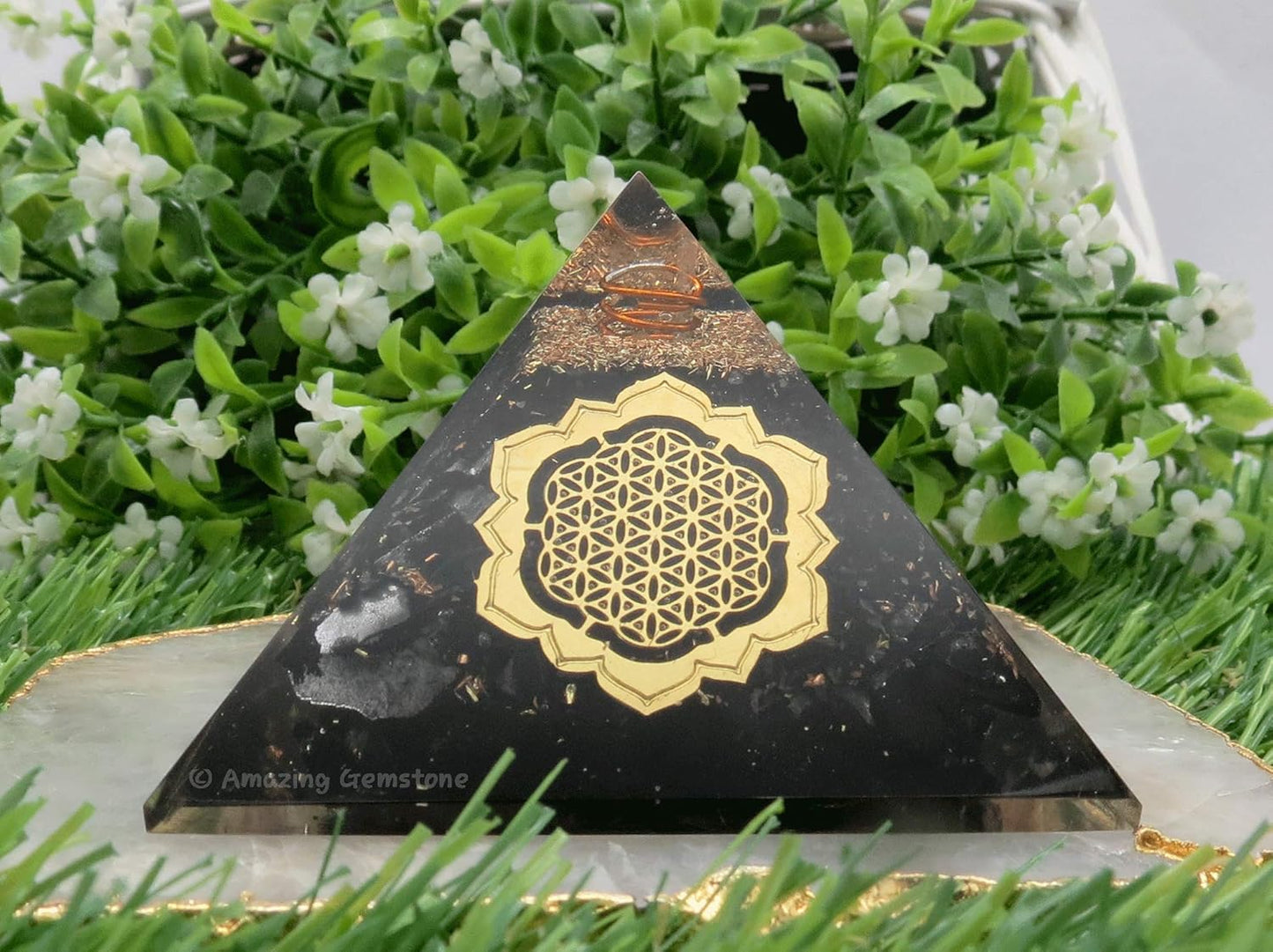 Black Tourmaline Orgone Pyramid – Lotus Flower of Life Energy Generator for Protection & Healing
