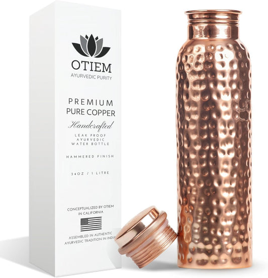 Pure Copper Water Bottle – 34oz Hammered Ayurvedic Vessel, Leak-Proof & Eco-Friendly Design