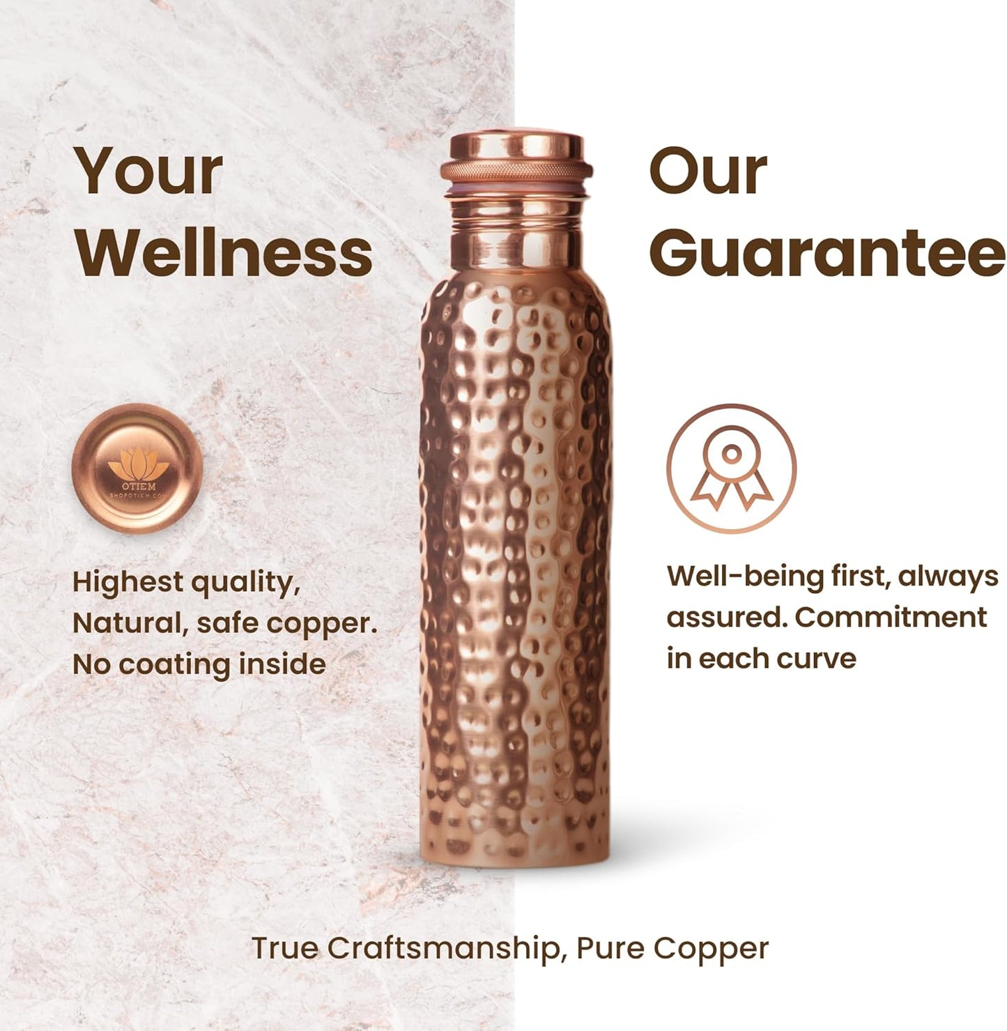 Pure Copper Water Bottle – 34oz Hammered Ayurvedic Vessel, Leak-Proof & Eco-Friendly Design