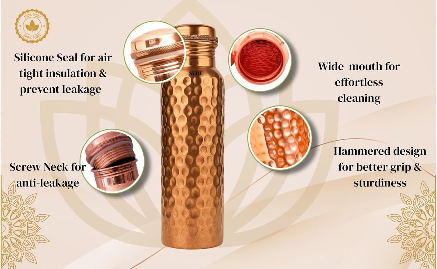 Luxury 100% Pure Copper Water Bottle - 34 OZ – |BPA Free| Ayurvedic Copper Drinking Bottle for Women and Men – | Lab-Tested, Heavy Duty & Leak-Proof | Copper Vessel (Luxury Gift Box Included)