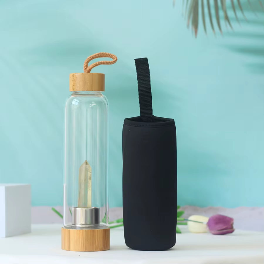 Water Bottle Natural Crystal Stone Diamond Point Healing Obelisk Wand Healing Elixir Quartz Crystal Gem Colors Rope Gemstone Cup