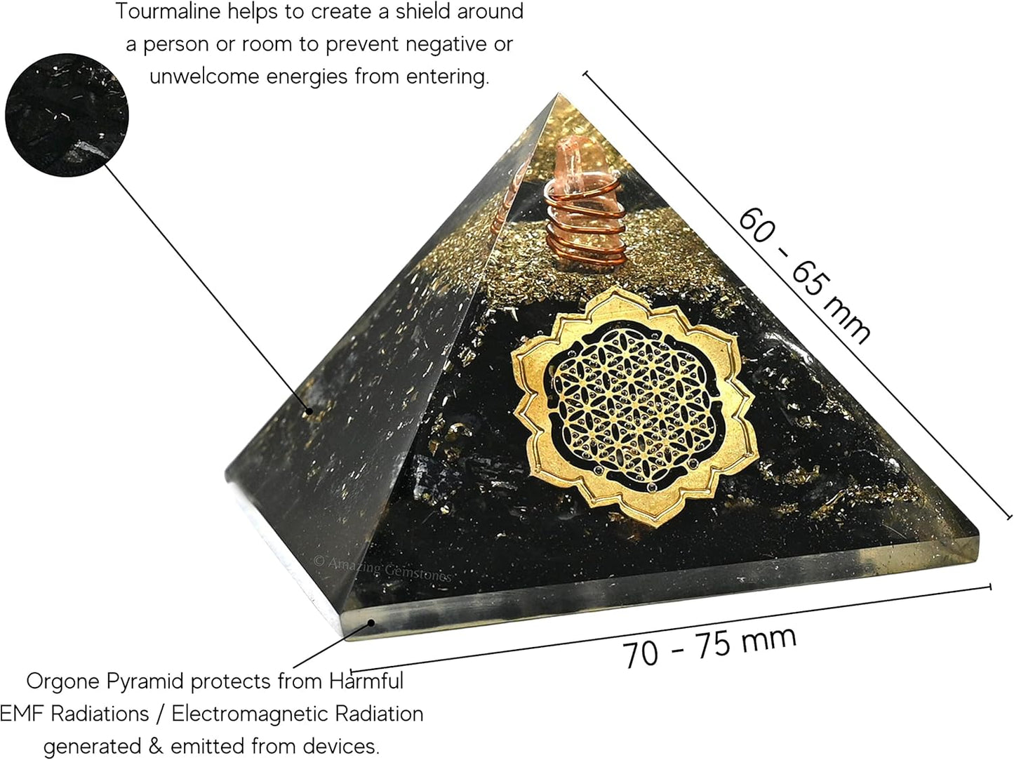 Black Tourmaline Orgone Pyramid – Lotus Flower of Life Energy Generator for Protection & Healing