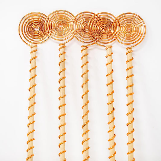 Electroculture Garden Antennas – 12" Copper & Wood Sun Spiral Stakes (5 Pack)