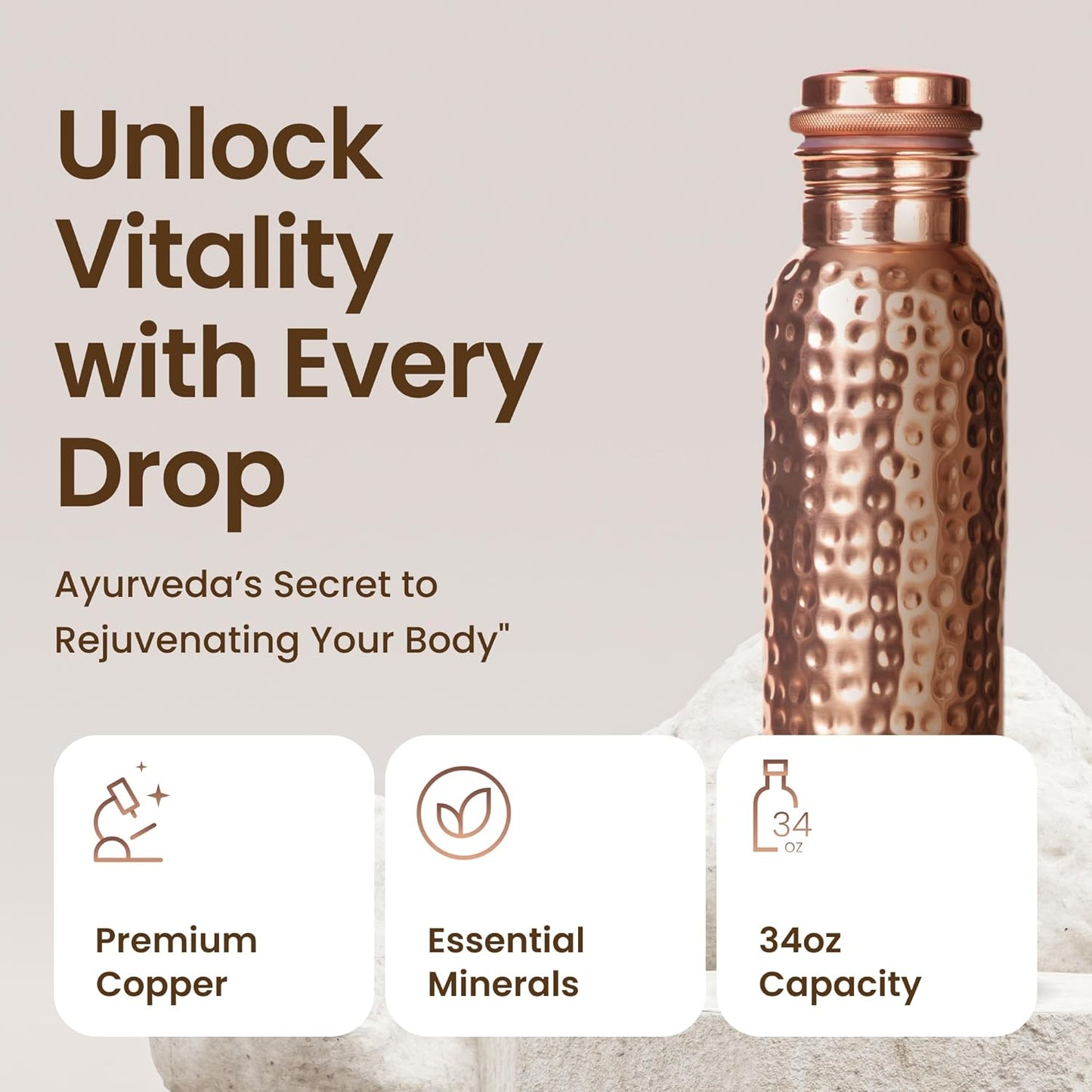 Pure Copper Water Bottle – 34oz Hammered Ayurvedic Vessel, Leak-Proof & Eco-Friendly Design