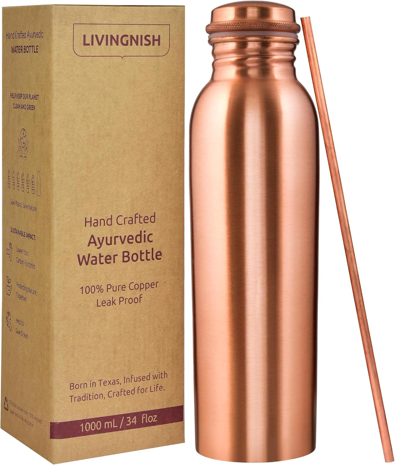 Pure Copper Water Bottle – 34oz Wide Mouth Hammered Ayurvedic Vessel with Straw