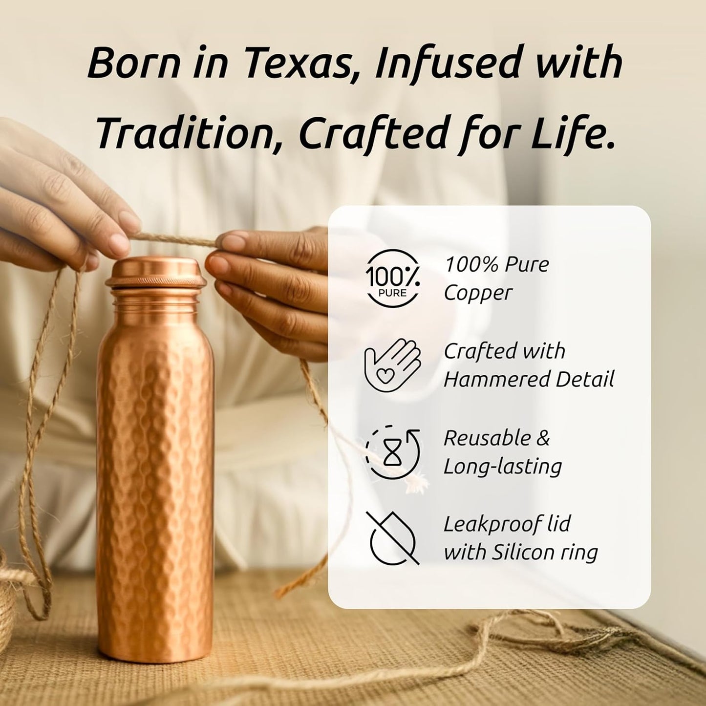 Pure Copper Water Bottle – 34oz Wide Mouth Hammered Ayurvedic Vessel with Straw