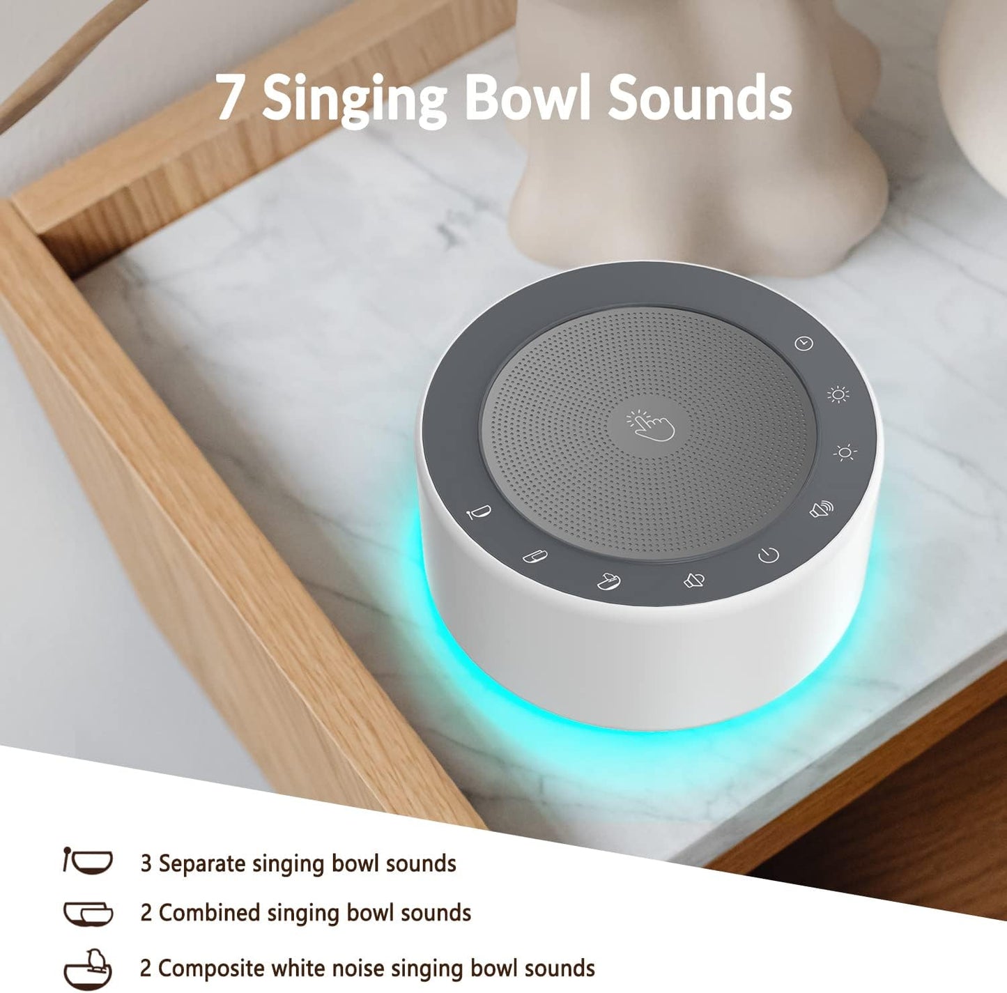 Tibetan Meditation Bowl Sound Machine — 7 Singing Bowl Tones with Light & Timer