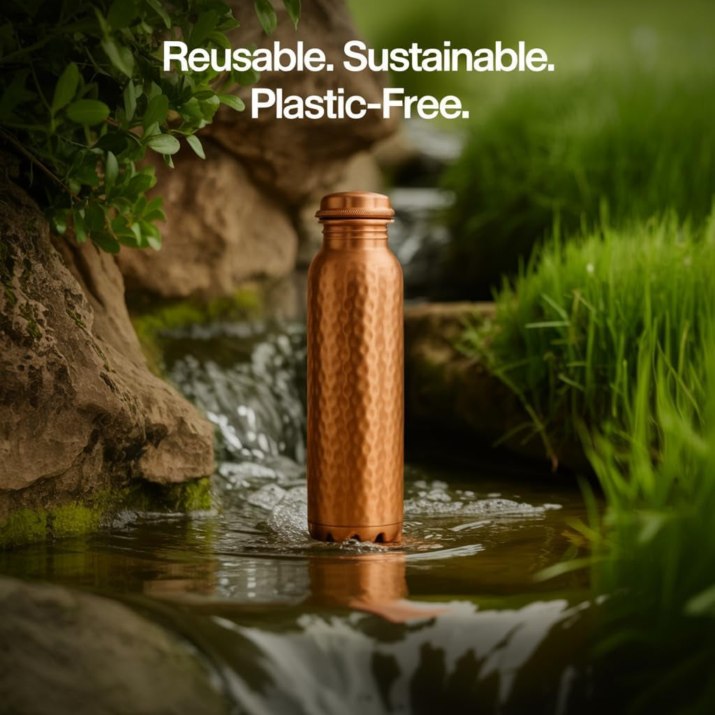 Pure Copper Water Bottle – 34oz Wide Mouth Hammered Ayurvedic Vessel with Straw