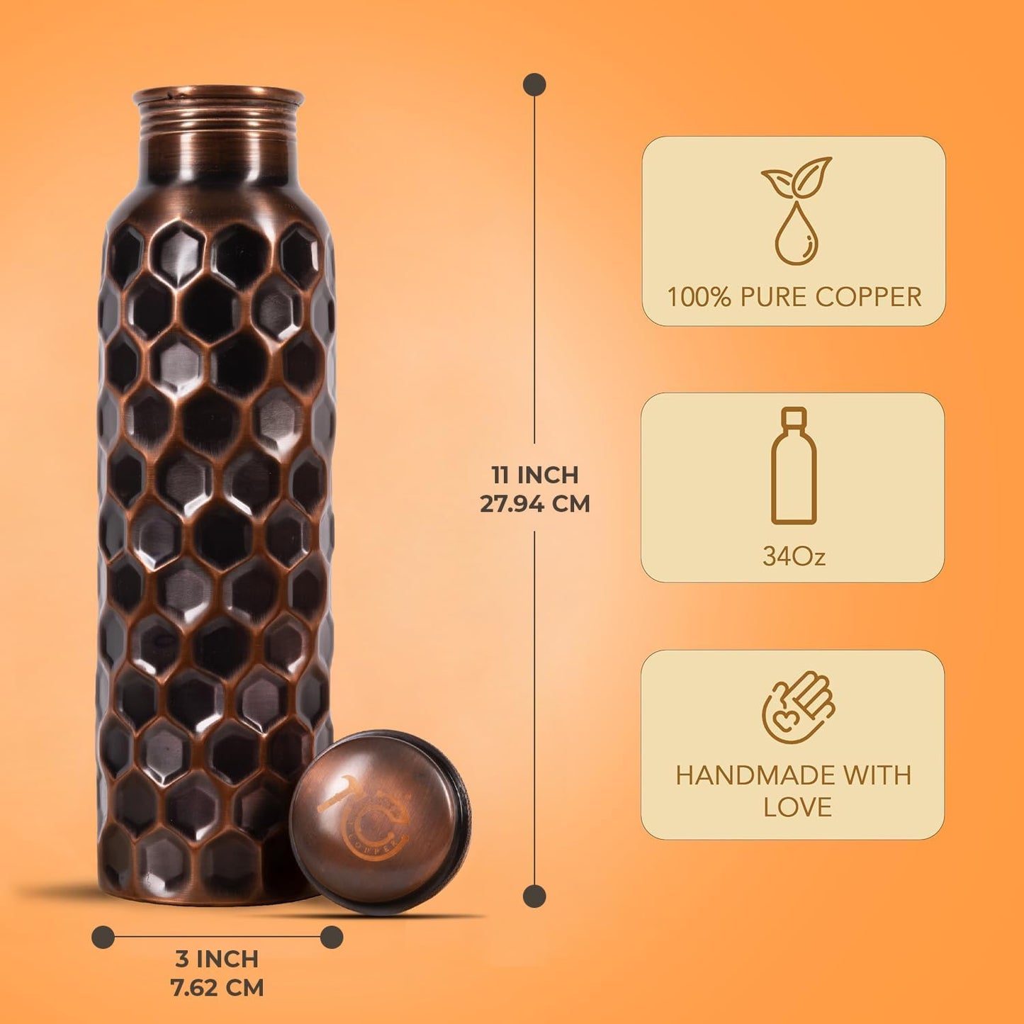 Pure Copper Water Bottle – 34oz Honeycomb Ayurvedic Vessel with Carry Pouch
