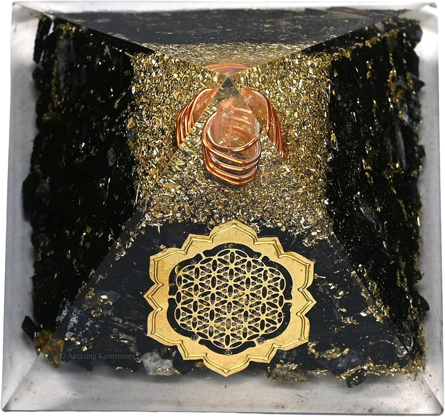 Black Tourmaline Orgone Pyramid – Lotus Flower of Life Energy Generator for Protection & Healing