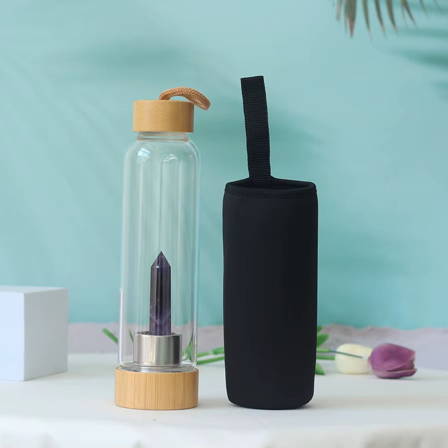 Water Bottle Natural Crystal Stone Diamond Point Healing Obelisk Wand Healing Elixir Quartz Crystal Gem Colors Rope Gemstone Cup