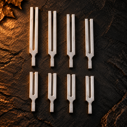 Eight silver tuning forks arranged in two rows on dark slate with warm side lighting.