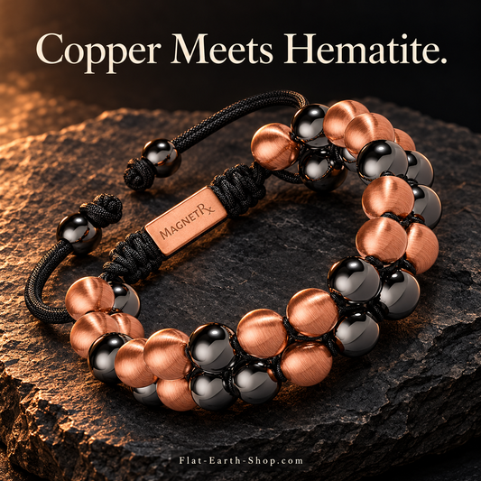 Magnetic Hematite & Solid Copper Bracelet — 8 mm — hero view with a dark backdrop.