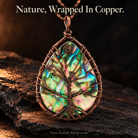 Abalone Tree of Life Necklace — Copper Wire Wrap — hero view with a dark backdrop.