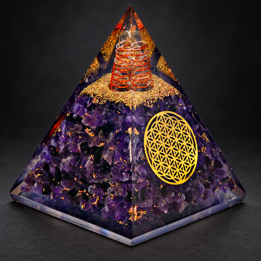 Amethyst Orgonite Pyramid — Flower of Life on a dark charcoal studio background