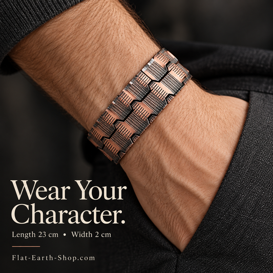 Copper-tone bracelet with dark textured rectangular links worn on a wrist against black clothing.