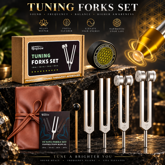 Four silver-colored tuning forks displayed upright beside a brown wrap pouch, booklet, mallet and box.