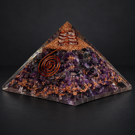 Amethyst Orgonite Pyramid — Violet Stillness | 75 mm Base on a dark charcoal studio background