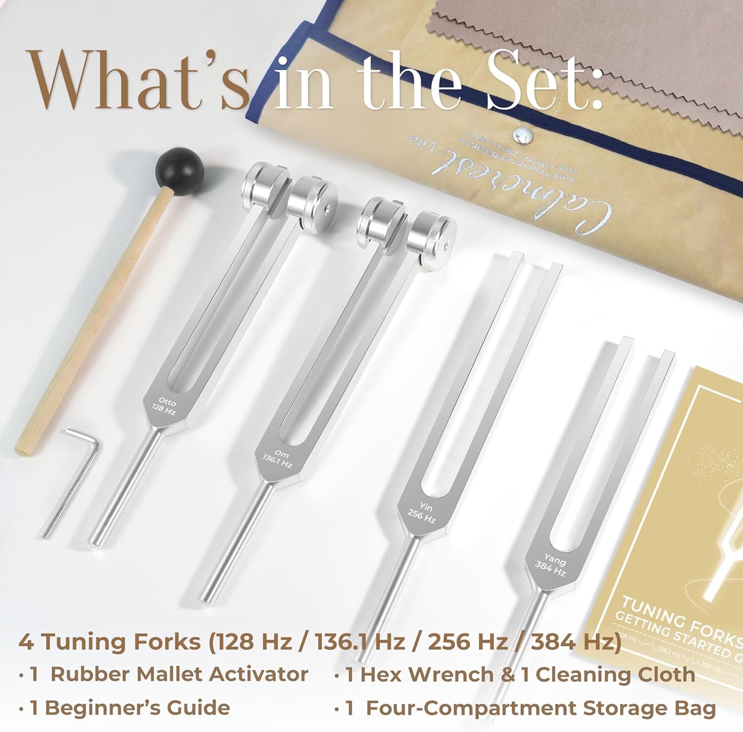 Healing Tuning Fork Set – 128Hz, 136.1Hz, 256Hz & 384Hz | Weighted & Unweighted with Mallet & Bag