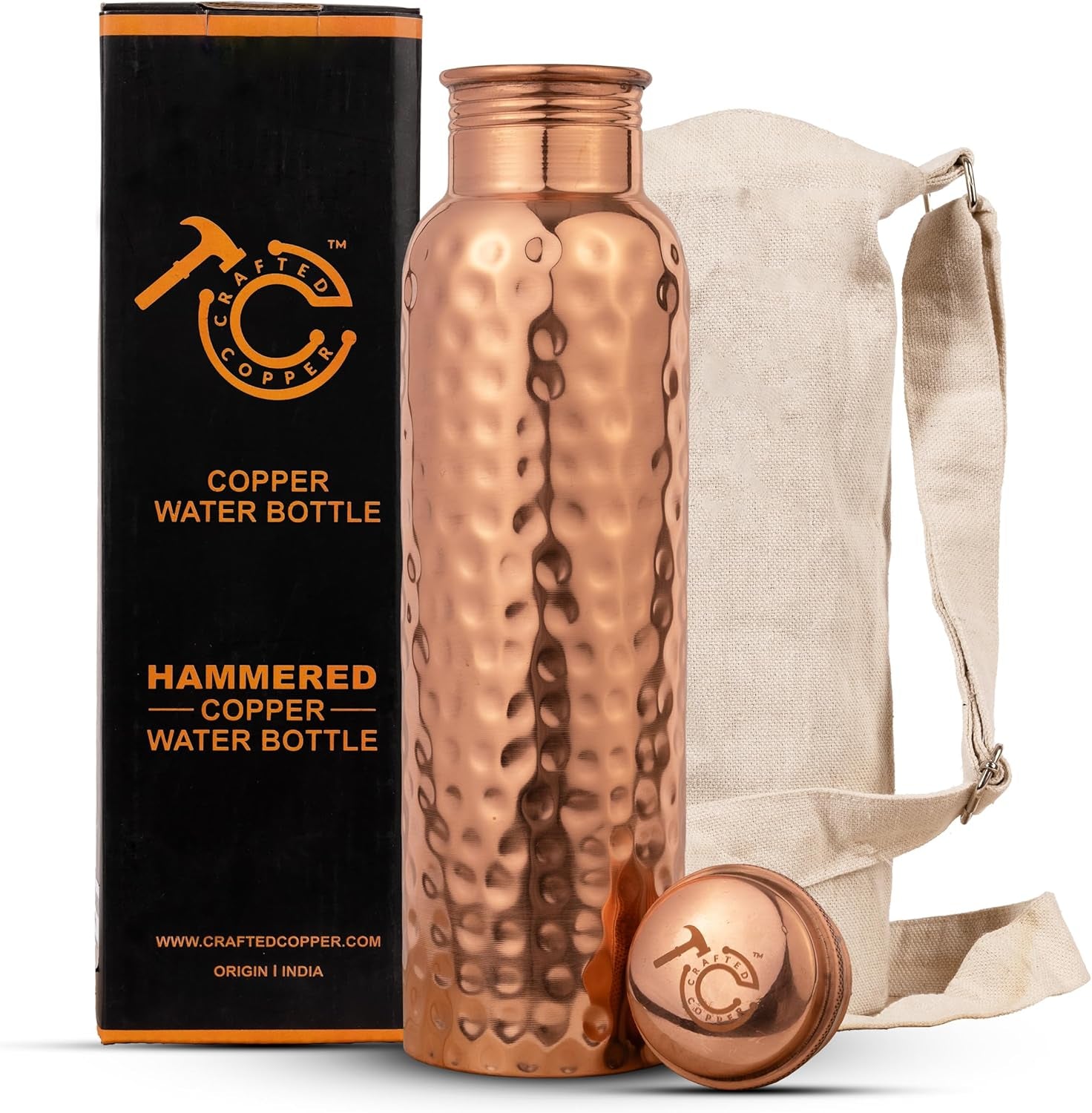Pure Copper Water Bottle – 34oz Honeycomb Ayurvedic Vessel with Carry Pouch