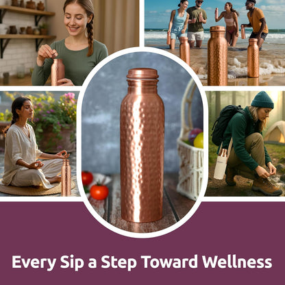 Pure Copper Water Bottle – 34oz Wide Mouth Hammered Ayurvedic Vessel with Straw