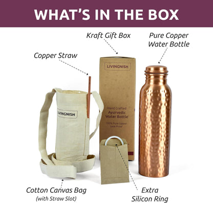 Pure Copper Water Bottle – 34oz Wide Mouth Hammered Ayurvedic Vessel with Straw