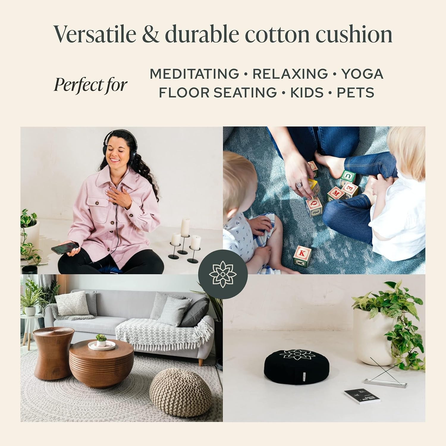 Mindful & Modern Large Meditation Cushion — Crescent Zafu with Buckwheat Fill