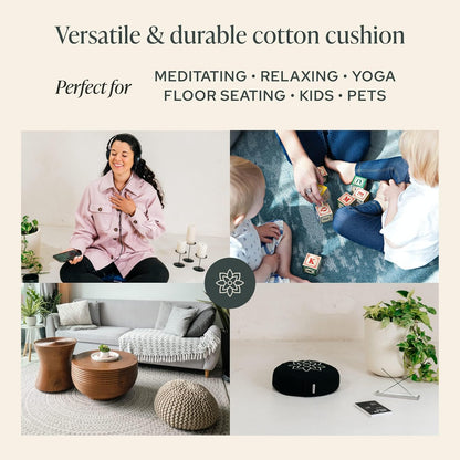 Mindful & Modern Large Meditation Cushion — Crescent Zafu with Buckwheat Fill