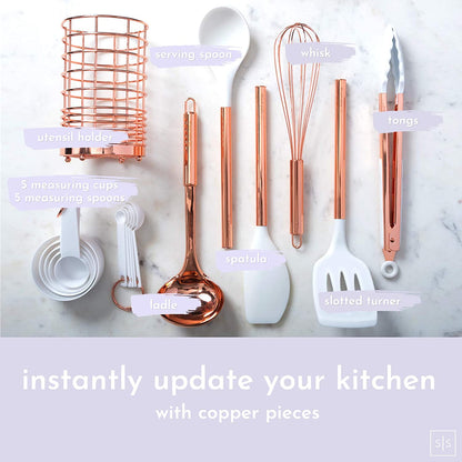 White Silicone & Copper Kitchen Utensils Set with Rose Gold Holder - 17-Piece Collection