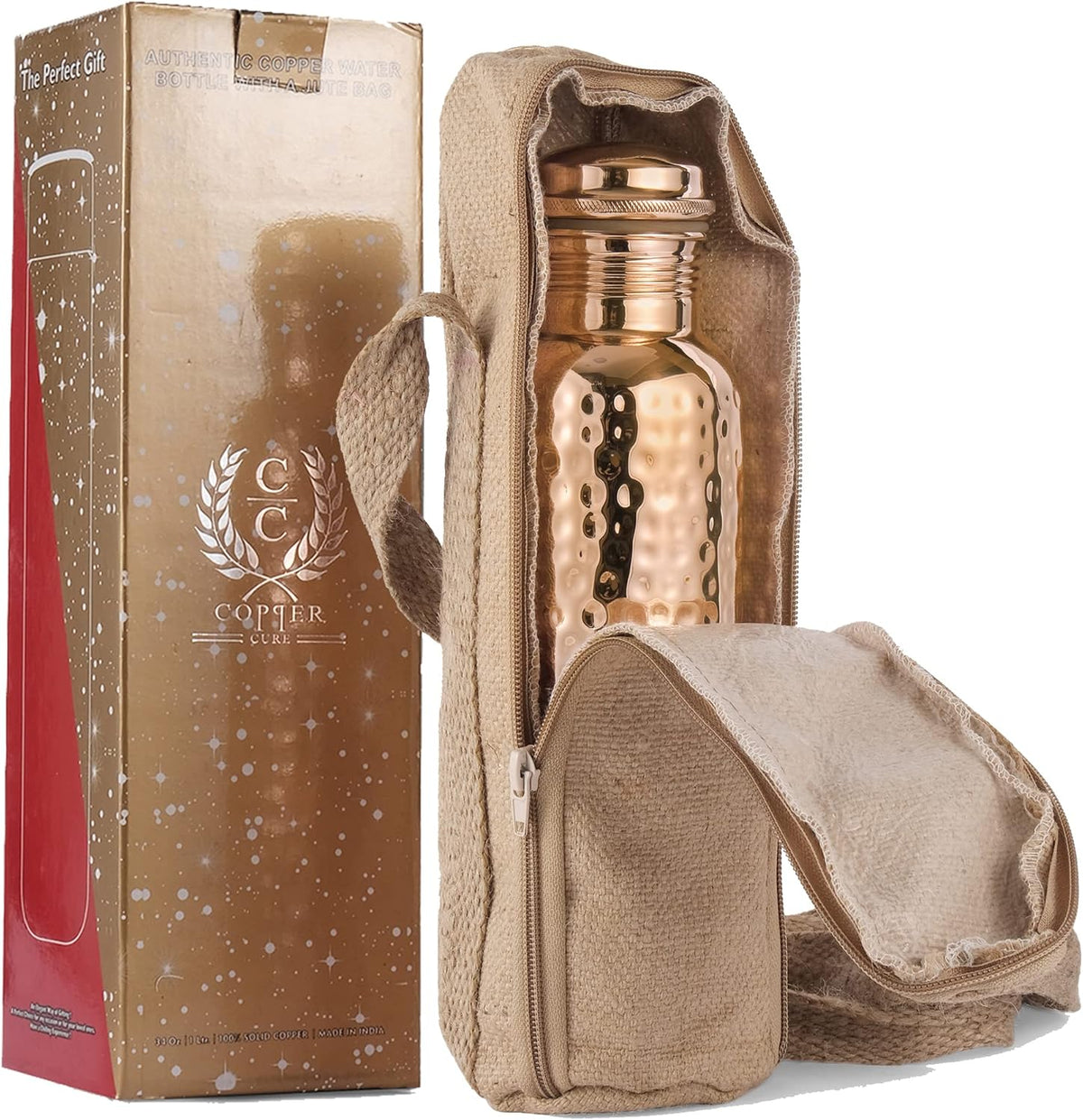 Copper Water Bottle & Jute Bag — Woven Journey | 34 oz