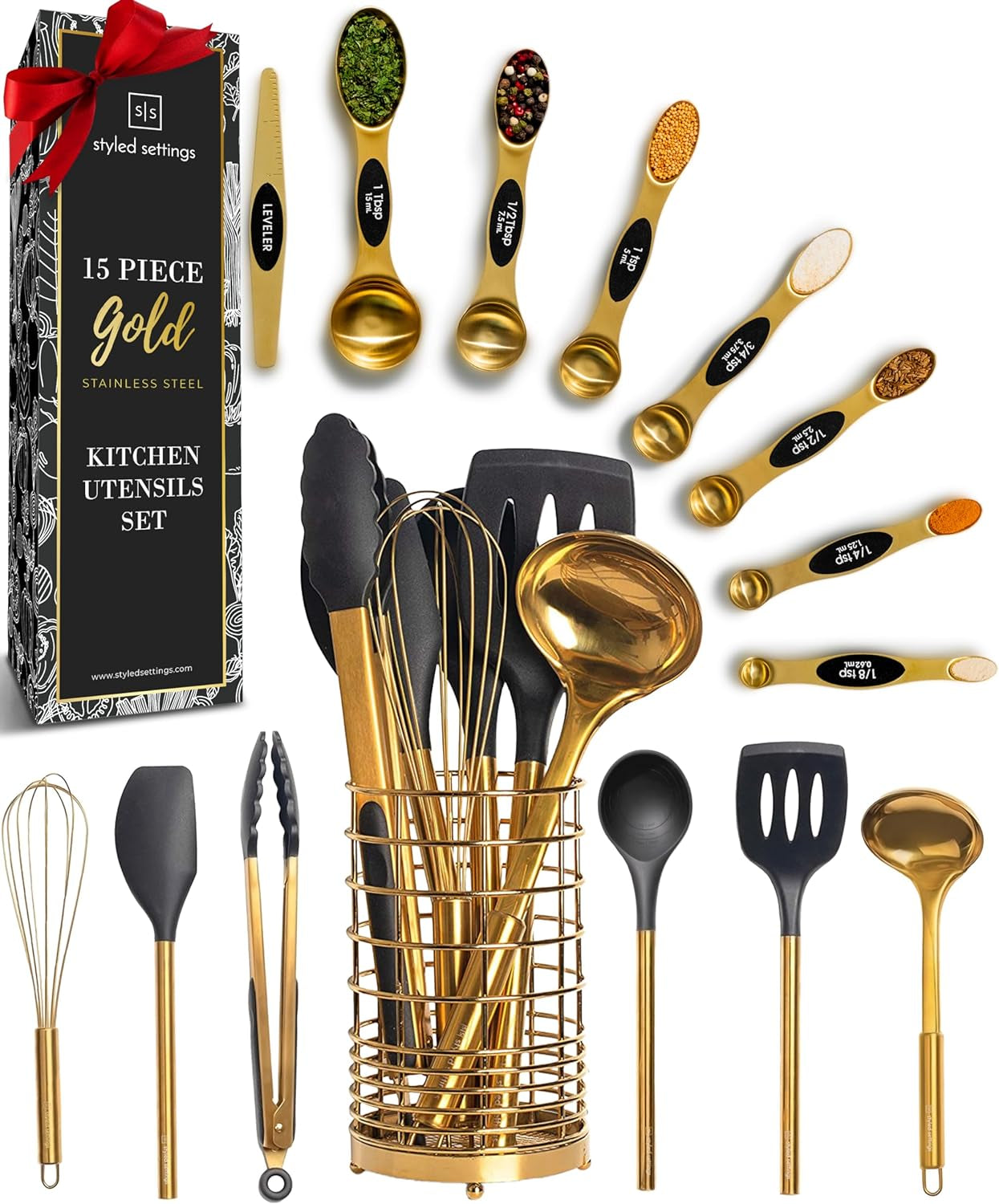 White Silicone & Copper Kitchen Utensils Set with Rose Gold Holder - 17-Piece Collection