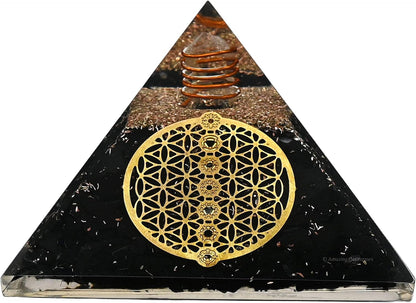 Black Tourmaline Orgone Pyramid – Lotus Flower of Life Energy Generator for Protection & Healing
