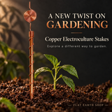 Copper-colored stake with a round spiral top and wire-wrapped stem planted beside a small seedling.