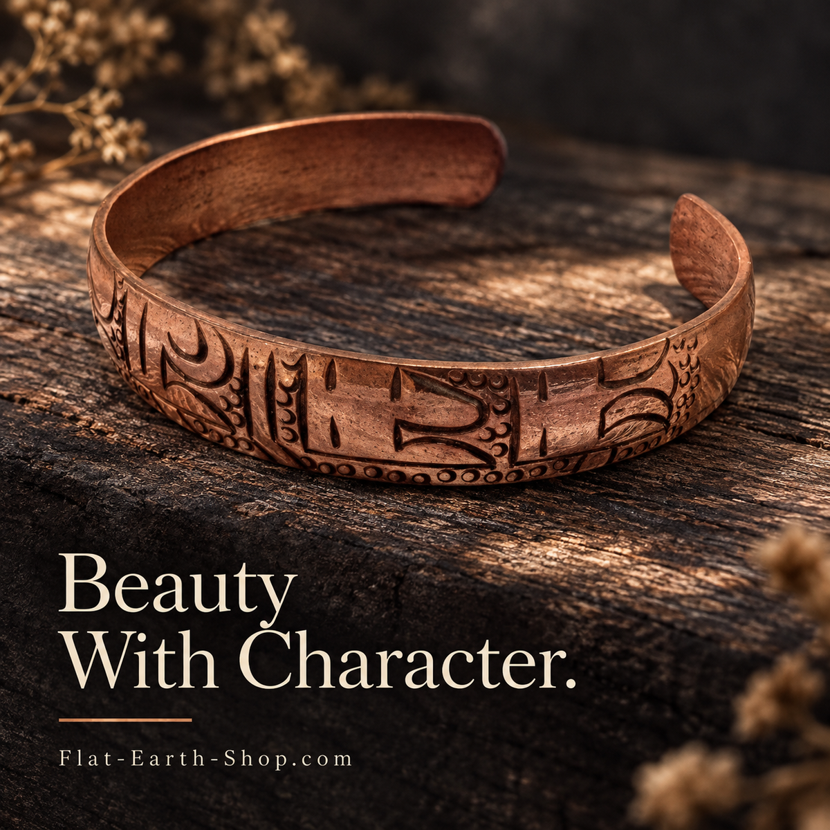 Engraved copper-colored open cuff resting on rustic wood beside dried flowers.