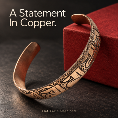 Copper-colored cuff with dark engraved script leaning against a red display block.
