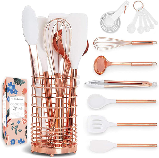 White Silicone & Copper Kitchen Utensils Set with Rose Gold Holder - 17-Piece Collection