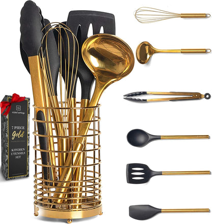 White Silicone & Copper Kitchen Utensils Set with Rose Gold Holder - 17-Piece Collection