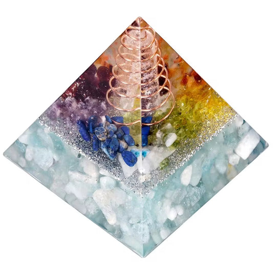 Chakra Crystal Orgonite Pyramid Generator with Copper Wire Rock Quartz Point for Yoga Meditation Balancing