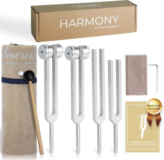 Healing Tuning Fork Set – 128Hz, 136.1Hz, 256Hz & 384Hz | Weighted & Unweighted with Mallet & Bag