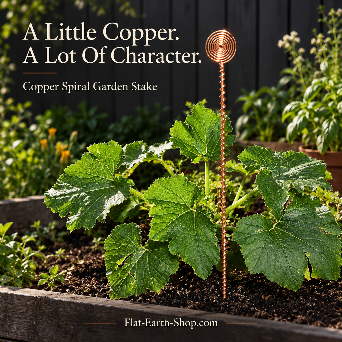 Copper-colored garden stake with a circular spiral top standing beside broad green leaves in a raised bed.
